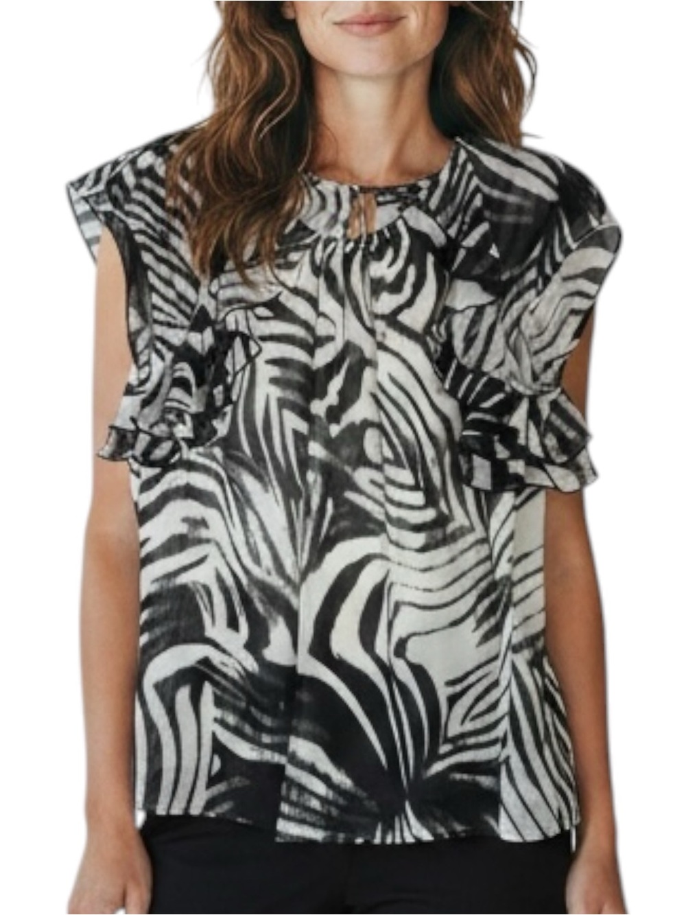 W by WORTH Zebra Print Sleeveless Flounce/Ruffles Blouse Size 2— Quiet Luxury!